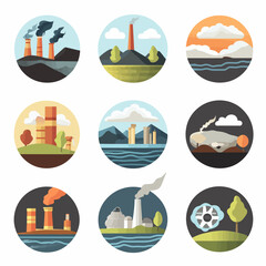 Graphic Icons Showcasing Industrial Pollution and Environmental Issues