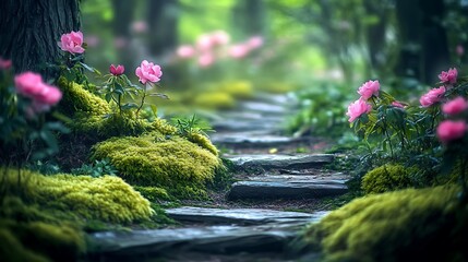Fototapeta premium Exploring a lush green pathway with organic blooms in a natural forest environment