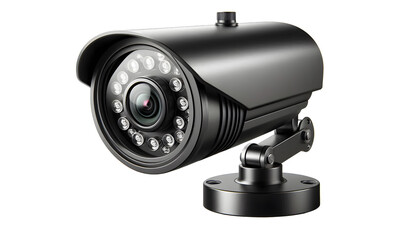 Modern black security camera on transparent background, security camera isolated on white