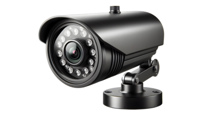 Modern black security camera on transparent background, security camera isolated on white