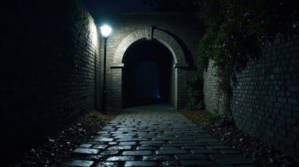 Fototapeta premium A solitary lamp illuminates a mysterious cobblestone path leading through a dark brick archway at night