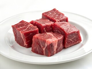 Fototapeta premium Cubed Raw Beef on White Plate