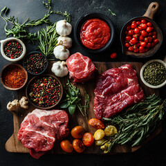 Carnivore Diet Ingredient Board with Raw Meat, Herbs, and Spices -  Premium Fresh Meat Selection with Herbs and Gourmet Seasonings