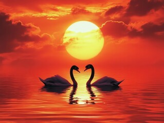 Fototapeta premium Swan couple gliding at sunset in tranquil waters nature photography serene environment