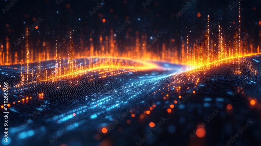 Poster abstract data visualization with bars and flowing blue light waves