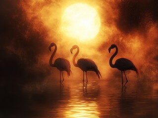 Naklejka premium Flamingos wading gracefully at sunset in tranquil waters nature scene serene environment artistic viewpoint