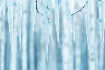 A close-up of icicles hanging from branches, set against a soft blue background, creating a serene winter atmosphere.