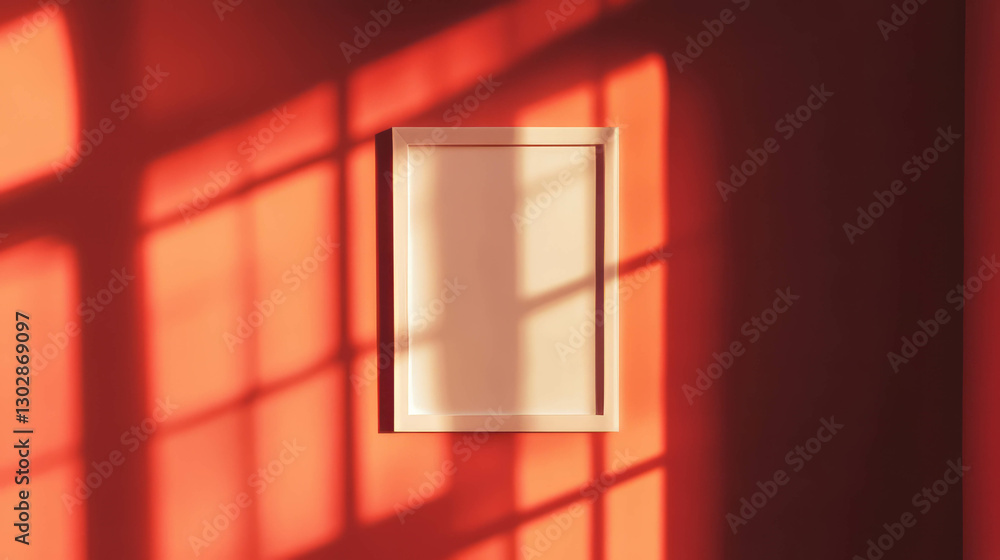 Poster minimalist art design with white frame on vibrant red background