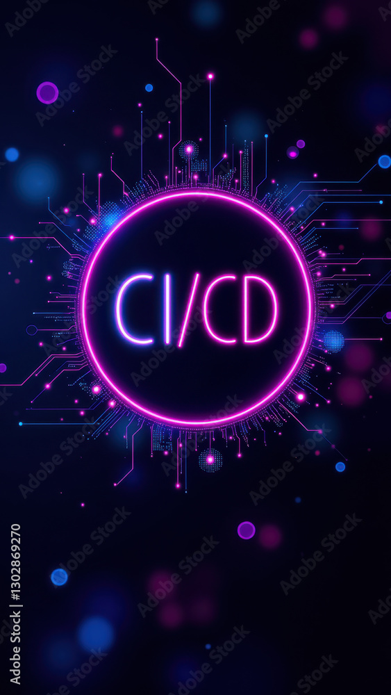 Poster a vibrant and tech-themed digital graphic featuring devops concepts like cd/cd, docker, kubernetes, 