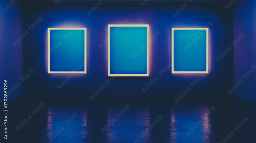 Poster contemporary art display with three uniformly graduated white frames in dark gallery