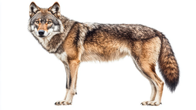 detailed watercolor illustration of eastern wolf with intricate shading on white background, showcasing its majestic and natural beauty