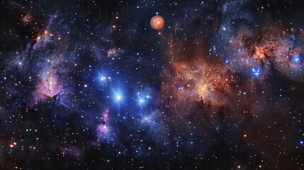 Expansive cosmic galaxy with stars, nebulae, and distant planets