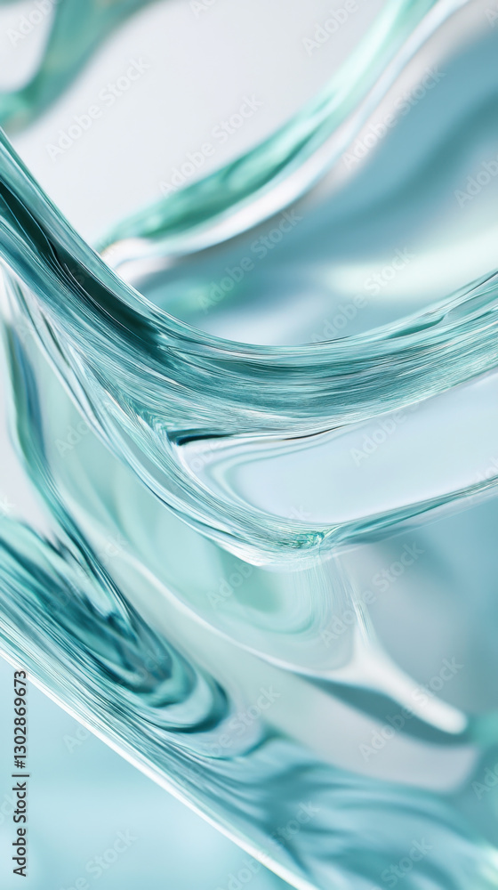Poster close up of glass like liquid surface with soft, flowing curves and translucent, aqua hue, creating 