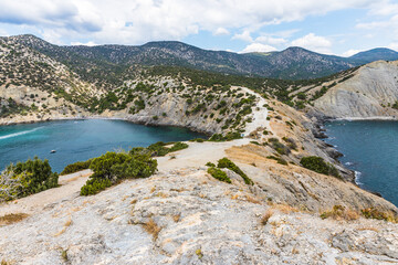 Views from the Golitsyn Trail - a mountain trail carved on the slope of Mount Koba-Kaya, located along the coastline southwest of the village of Novy Svet, Crimea, Russia