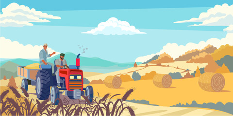 Farmers transporting wheat fields with tractors in summer. © tatoman