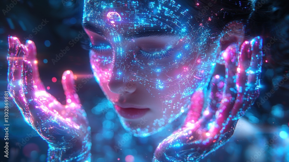 Aufkleber ai woman glowing with digital interface and data streams visualization