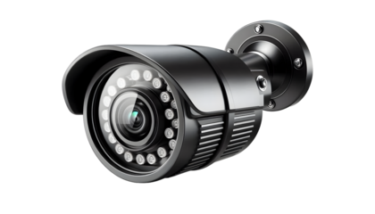 Black bullet security camera with infrared night vision for outdoor surveillance, camera lens isolated on white