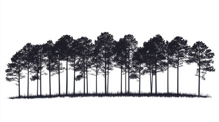 Silhouette of southern pine trees on white background, showcasing their tall, slender trunks and dense foliage. image captures natural beauty and simplicity of forest scene