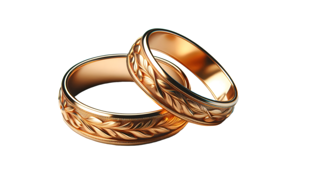 Elegant gold wedding rings with intricate leaf pattern design, wedding rings isolated on white background