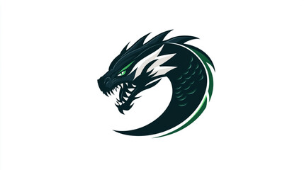 Naklejka premium Powerful Black Dragon Head Logo Design Green Accents Fierce Illustration