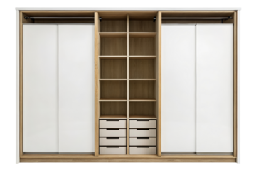 Modern wardrobe with sliding doors and drawers isolated with transparent background