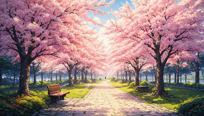 Pathway lined with cherry blossom trees and park benches in spring