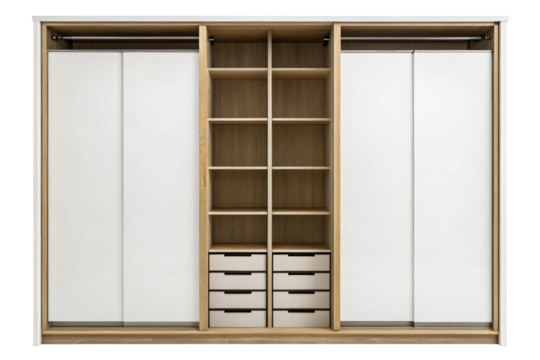 Modern wardrobe with sliding doors and drawers isolated with transparent background