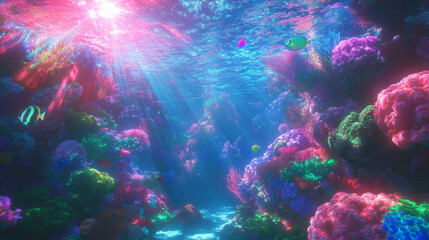 Vibrant coral reef with colorful fish underwater scene - marine life adventure