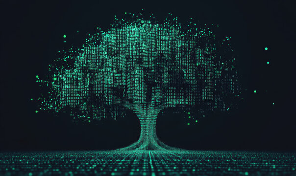 digital tree formed by binary code patterns, symbolizing technology and nature integration. glowing green numbers create futuristic and abstract representation of tree