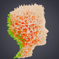 Abstract Coral-Textured Human Bust Sculpture in Profile with Vibrant Orange and Green Accents