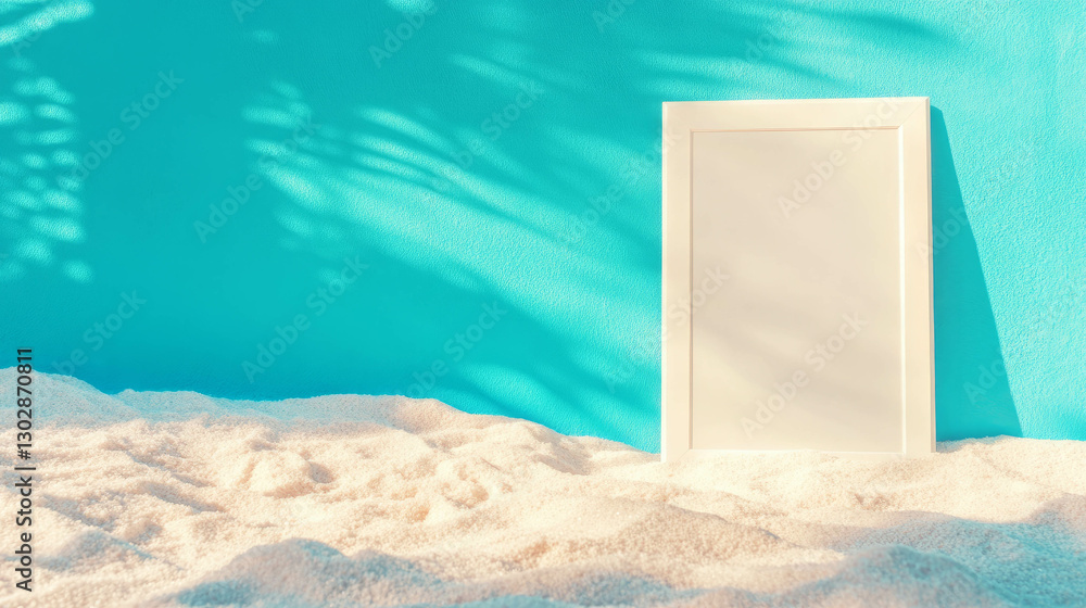 Poster minimalist summer concept with white frame partially embedded in sand against turquoise background