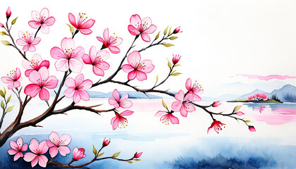 Naklejka premium Watercolor painting of cherry blossoms over a calm lake
