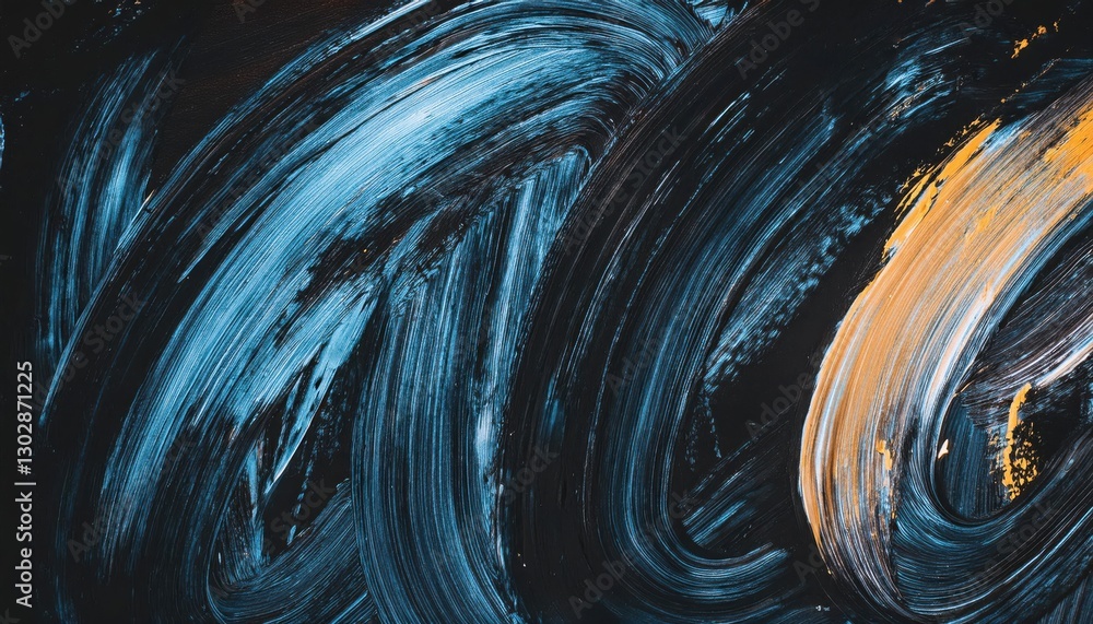 Poster abstract textured brushstroke painting with dark blue and orange swirls, modern artistic background 