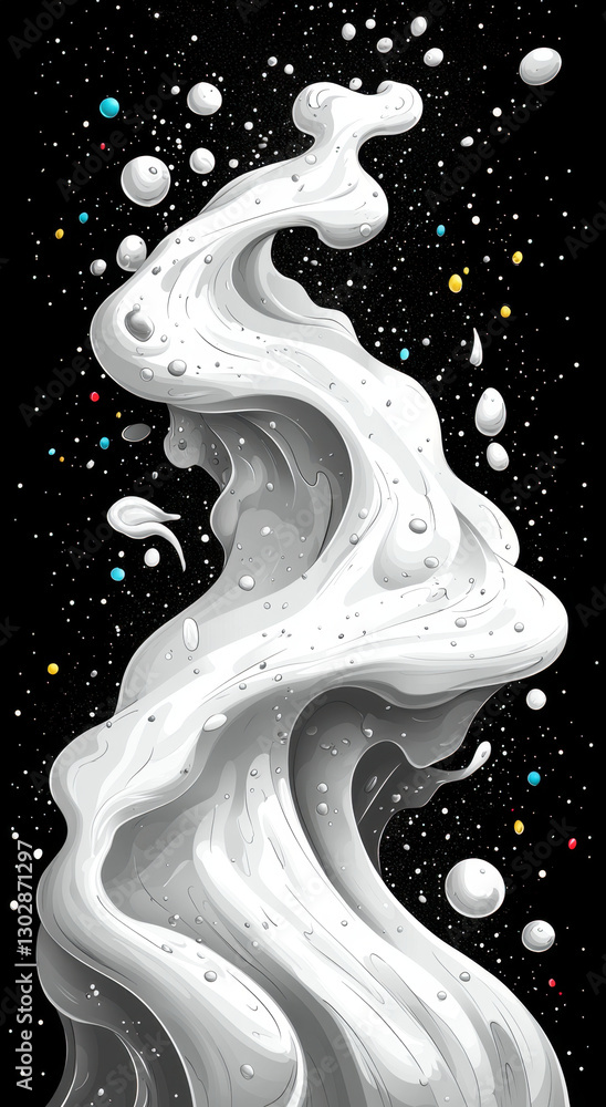 Poster swirling white abstract form flows through starry black background, evoking sense of cosmic movement