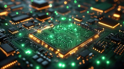 Obraz premium abstract green digital circuit board with glowing connections