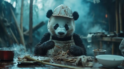 A panda chef is seen in a chaotic kitchen environment, embodying a humorous and whimsical atmosphere that showcases the joys of culinary adventures in nature.