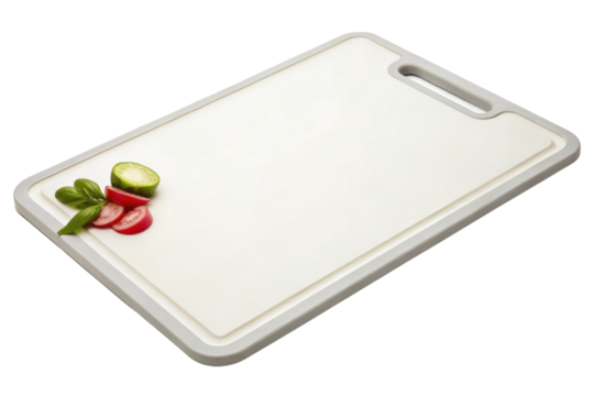 White plastic cutting board with vegetables isolated with transparent background