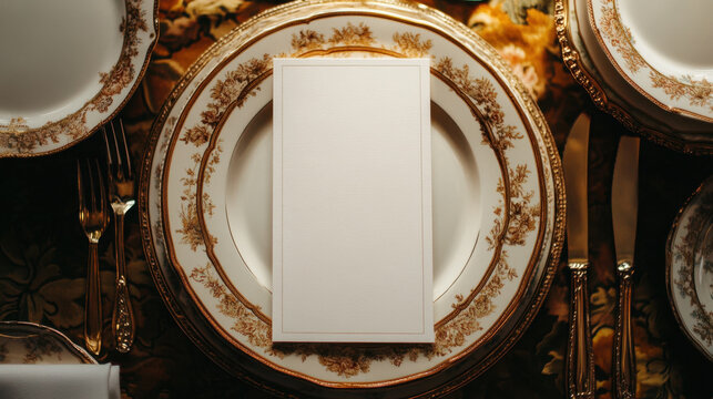 blank white menu card elegantly rests on top of ornate, gold trimmed plates, set on luxurious table setting