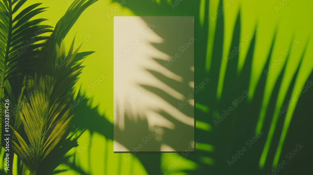 Poster minimalist design with white frame and leaf shadows on vibrant green background