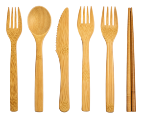 Set of bamboo cutlery for eco-friendly dining isolated with transparent background