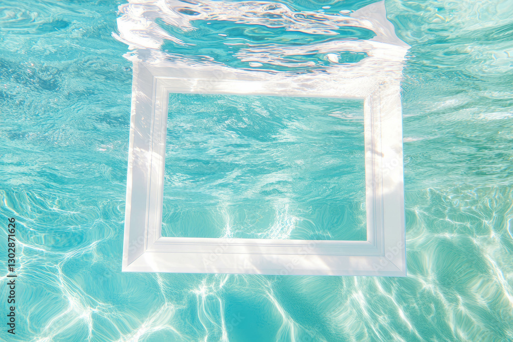Poster serene white frame floating in crystal clear water for creative design concepts