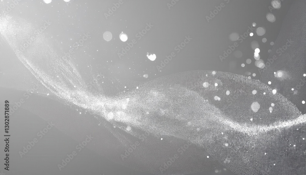 Poster abstract digital wave of white particles on a gray background, glowing dust with a dynamic flow, futuristic data visualization

