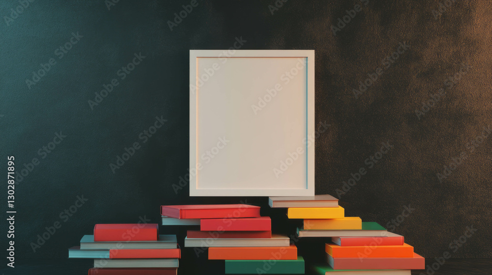 Poster blank white frame on colorful books pile with dark background for creative display