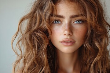 Naklejka premium Young woman with wavy brunette hair and striking blue eyes poses against a neutral background, showcasing natural beauty and confidence