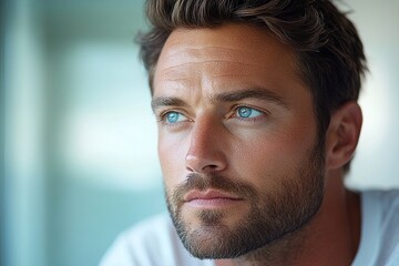 Obraz premium Thoughtful man gazing into distance with intense blue eyes in bright, softly lit indoor setting during midday
