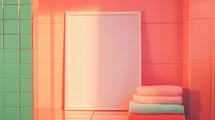 Minimalist white frame on colorful folded towels in modern bathroom decor
