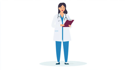 female nurse in white coat holding clipboard, symbolizing professionalism and care in medical setting. illustration conveys sense of dedication and expertise in healthcare