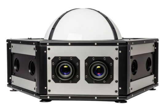 High-tech surveillance camera with dome-shaped cover isolated with transparent background