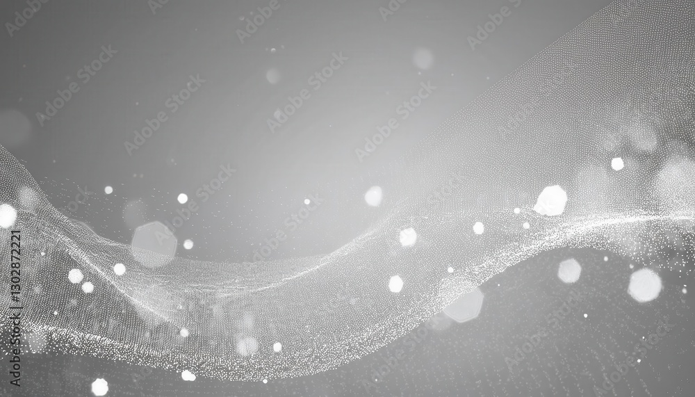 Poster abstract digital wave of white particles on a gray background, glowing dust with a dynamic flow, futuristic data visualization

