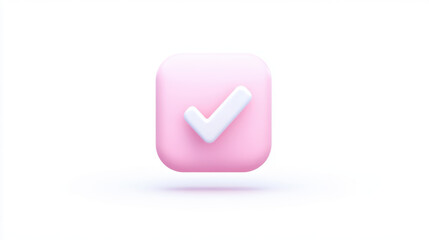 pink checkmark icon is displayed on white background, symbolizing confirmation or approval. icon has soft, rounded square shape with glossy finish, giving it modern and sleek appearance